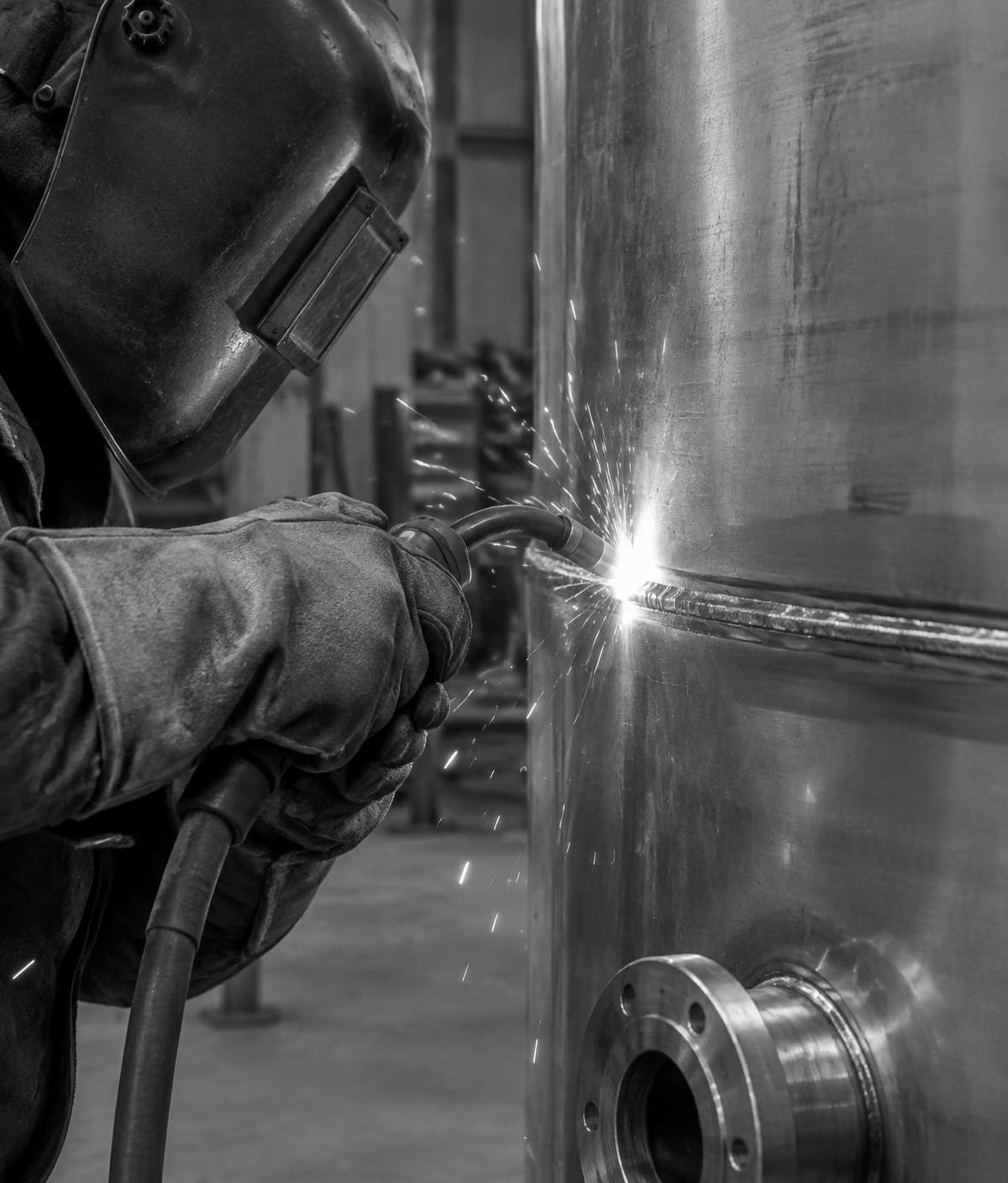 Soldagem de tanque metálico em fabricação